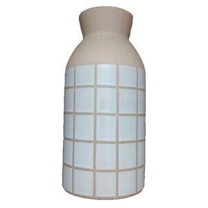 Old East Main Co Flower Market Ceramic Container Vase Jar Tan White Square Grid